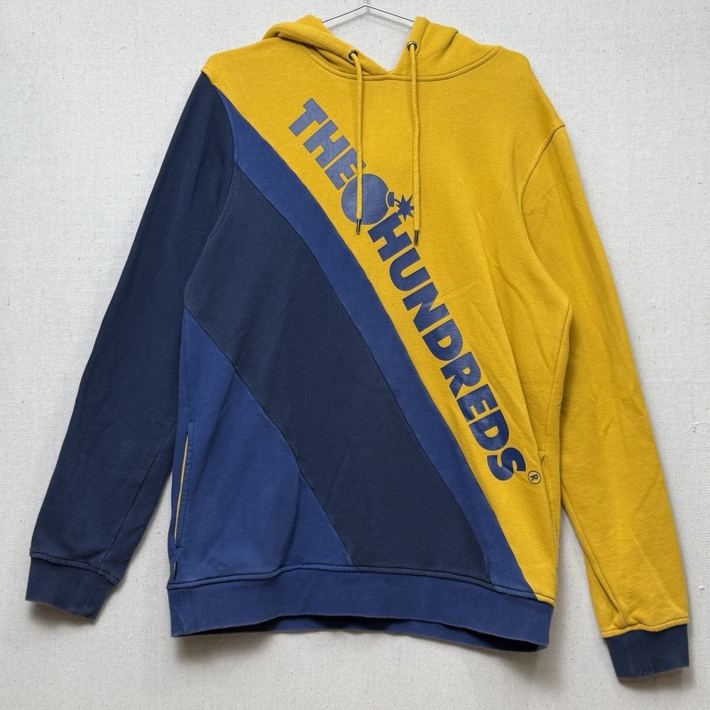 The Hundreds Colorblock Hoodie Yellow Blue Spellout Pullover Mens L